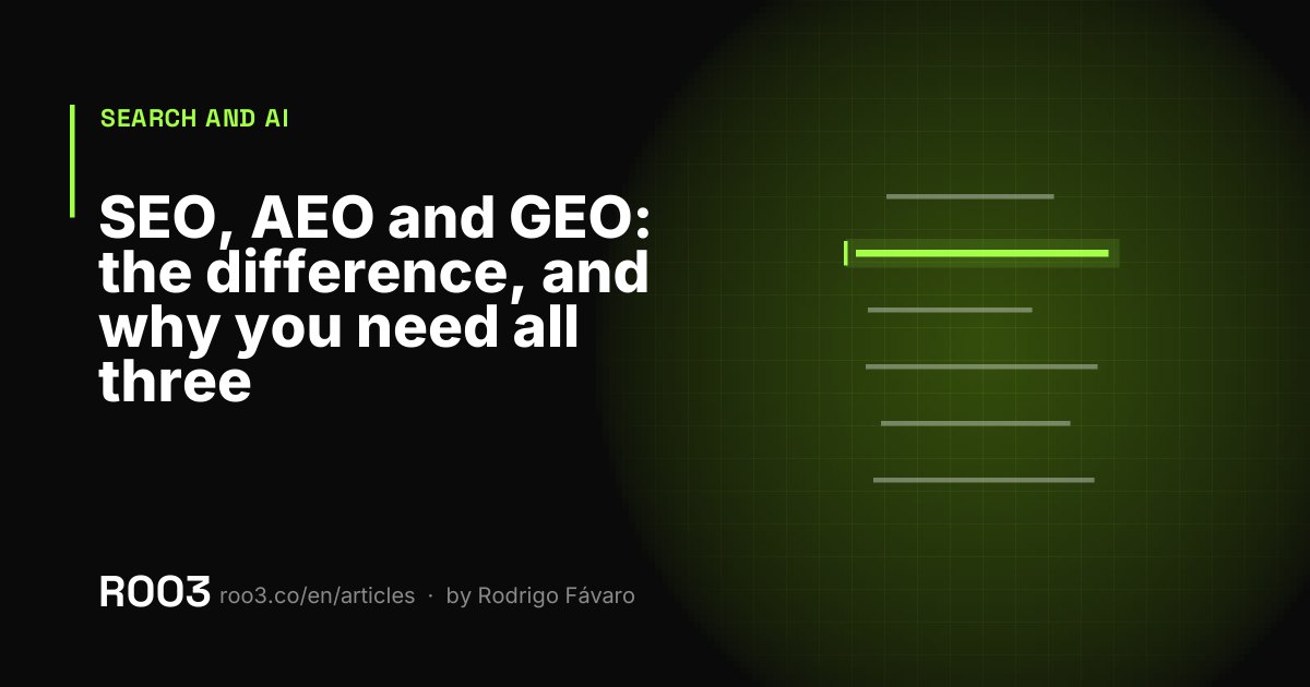 Abstract illustration with three overlapping layers in neon green on black, representing a list of links, an answer block and generated text.