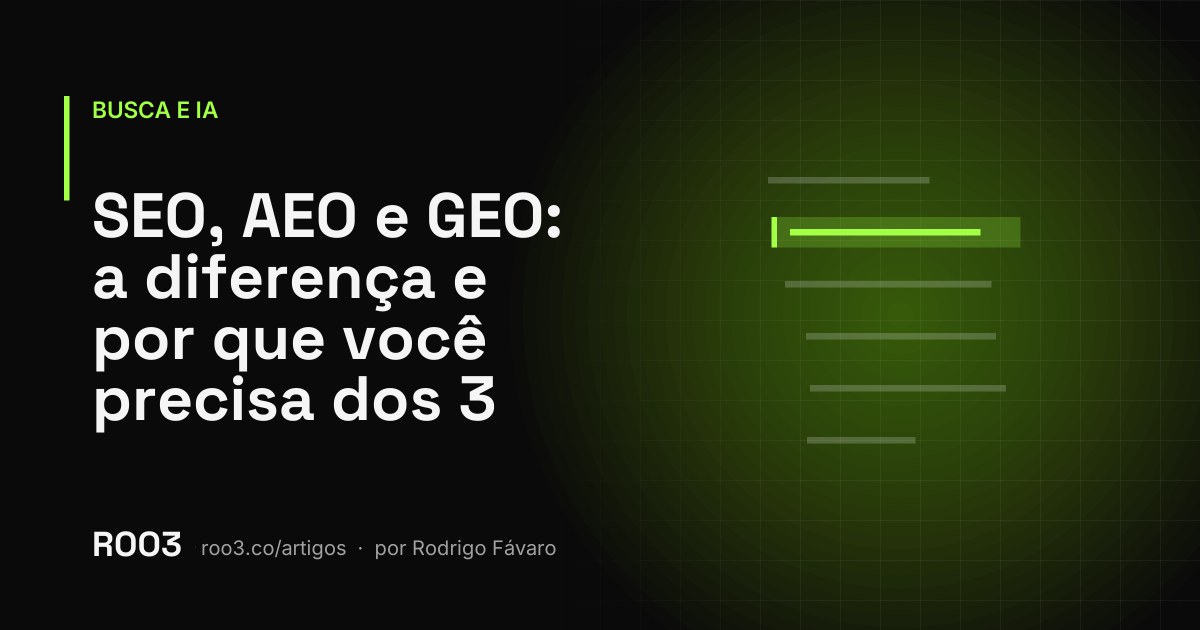 Ilustração abstrata com três camadas sobrepostas em verde neon sobre fundo preto, representando lista de links, bloco de resposta e texto gerado.