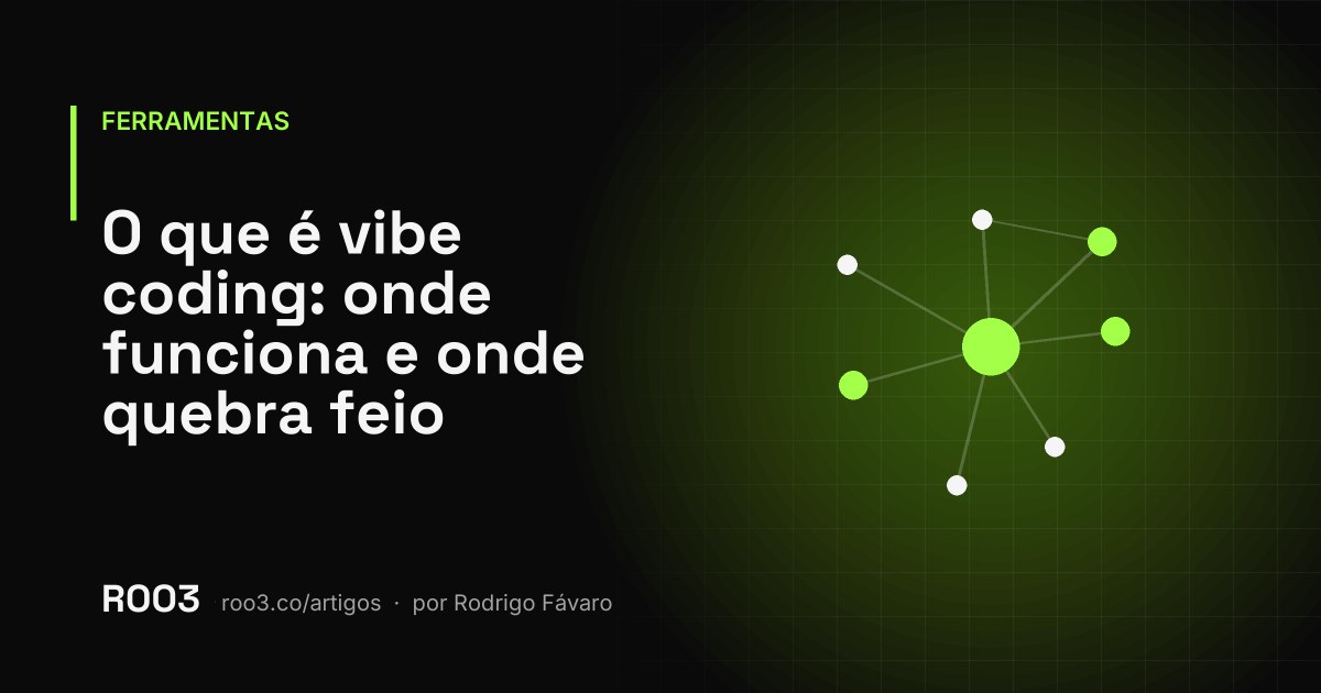 Ilustração abstrata de blocos de código empilhados de forma instável, com uma peça destacada em verde neon sobre fundo preto.