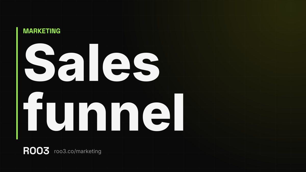 The words Sales funnel in large letters on a dark background, with the address roo3.co/marketing