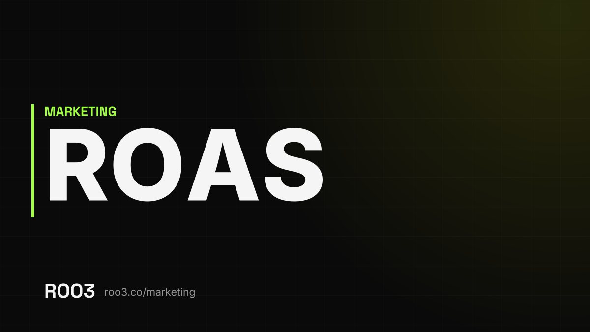 The acronym ROAS in large letters on a dark background, with the address roo3.co/marketing