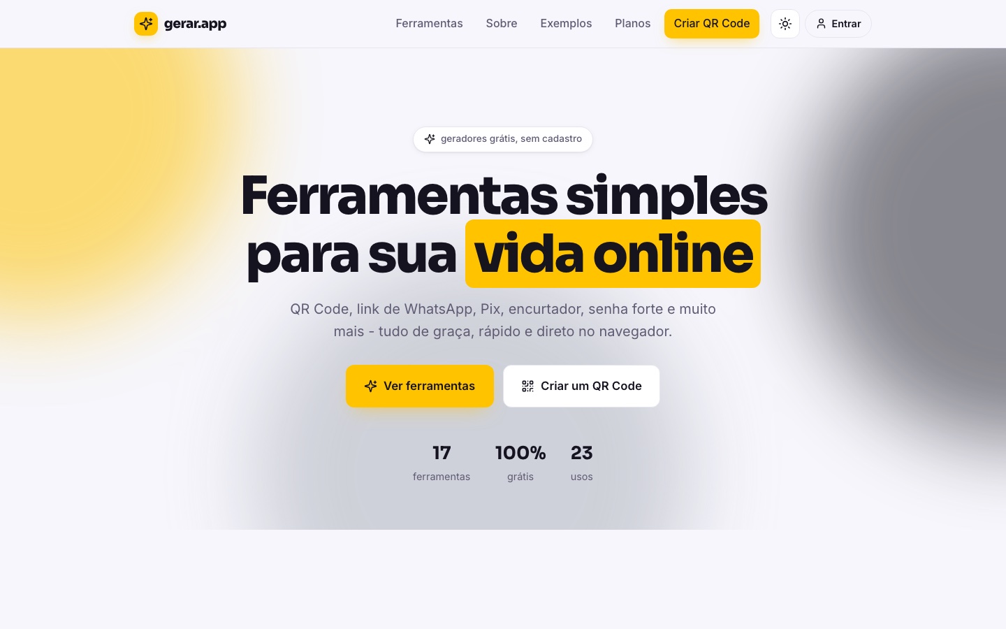 Home do gerar.app com as ferramentas em destaque