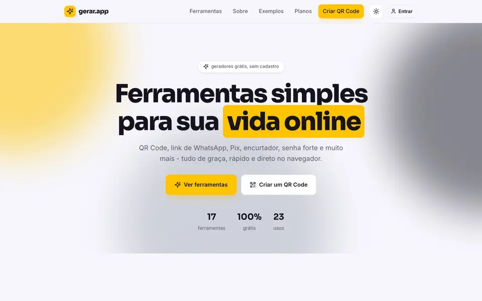 Home do gerar.app com as ferramentas em destaque