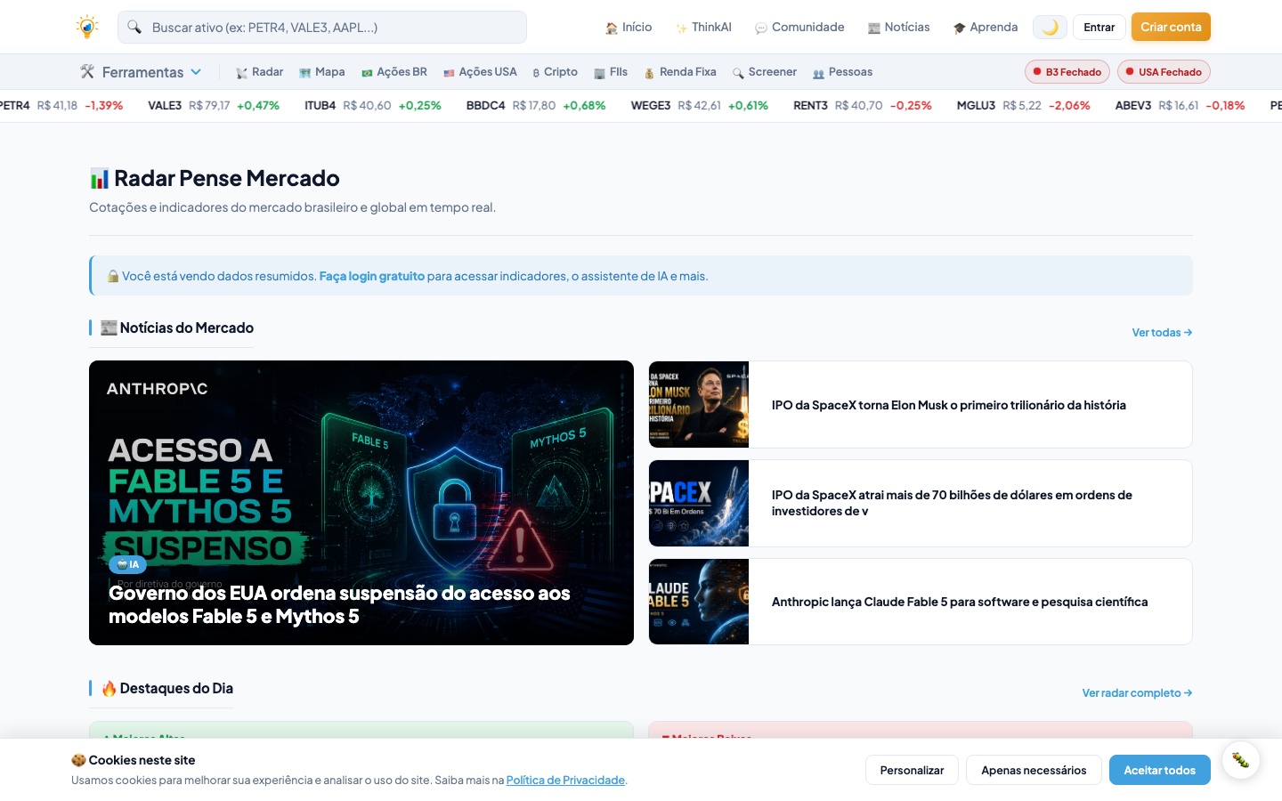 Radar do Pense Mercado com cotações e notícias do dia