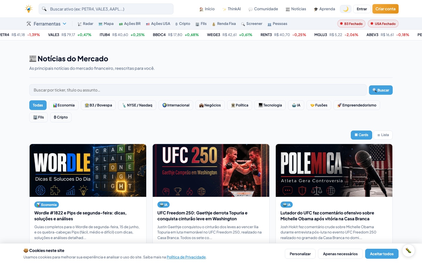Seção de notícias do mercado com curadoria e IA